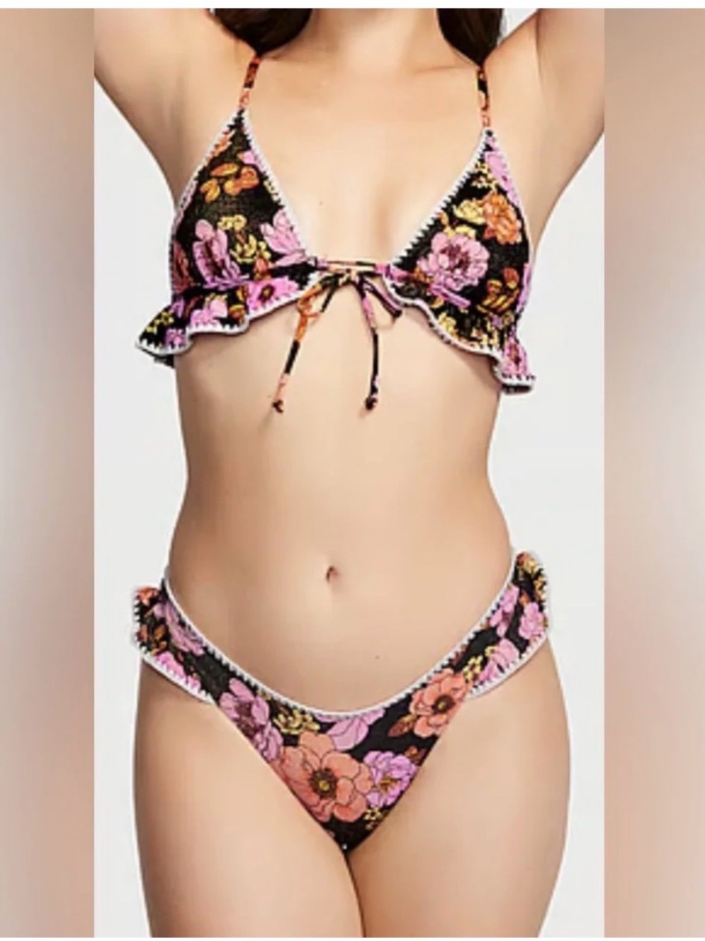 VS crotchet trim shimmer ruffled triangle swim set medium